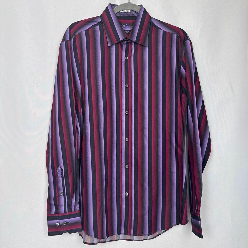Bugatchi Uomo Mens Shaped Fit Striped Dress Shirt Size Medium Purple Evening